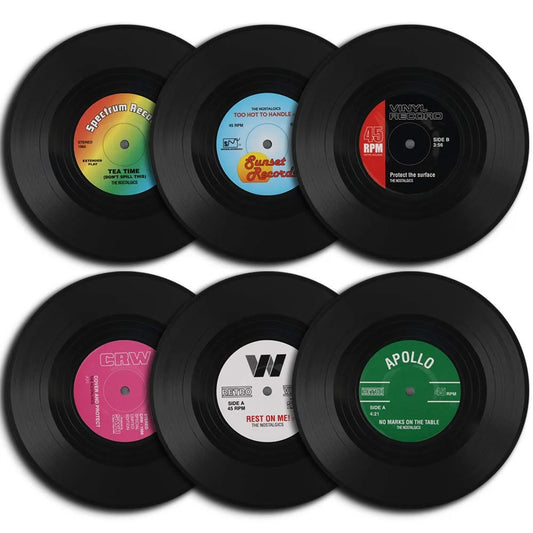 Set of 6 Colorful Retro Vinyl Record Disk Coasters for Drinks, Stylish & Fun Protection